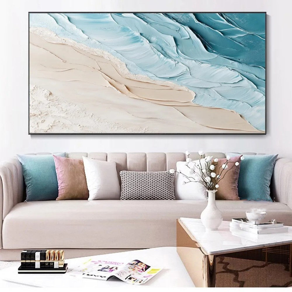 HKM-107091 Handmade Large Abstract Oil Painting of Blue and White Ocean Waves for Living Room Wall Decoration