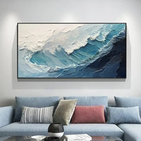 HKM-107091 Handmade Large Abstract Oil Painting of Blue and White Ocean Waves for Living Room Wall Decoration