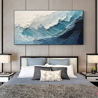 HKM-107091 Handmade Large Abstract Oil Painting of Blue and White Ocean Waves for Living Room Wall Decoration
