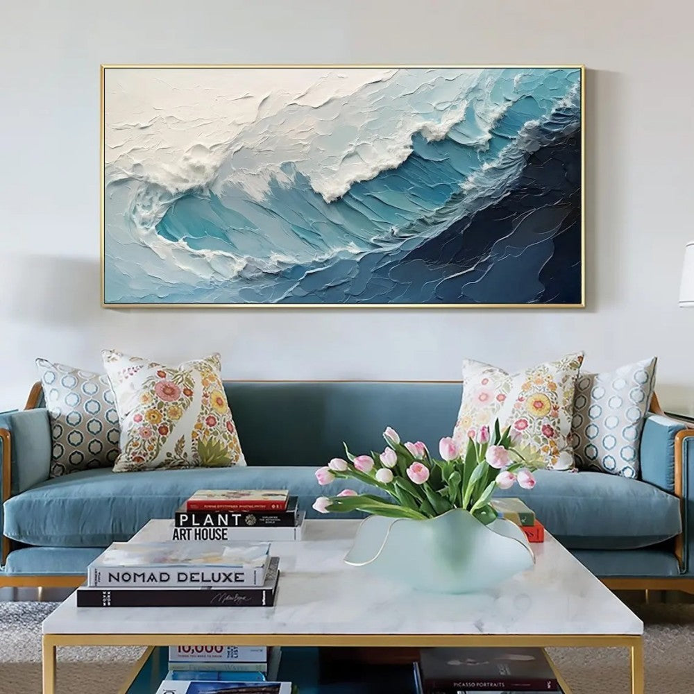 HKM-107091 Handmade Large Abstract Oil Painting of Blue and White Ocean Waves for Living Room Wall Decoration