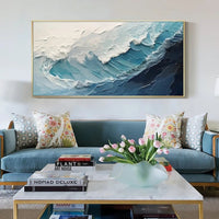 HKM-107091 Handmade Large Abstract Oil Painting of Blue and White Ocean Waves for Living Room Wall Decoration