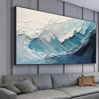 HKM-107091 Handmade Large Abstract Oil Painting of Blue and White Ocean Waves for Living Room Wall Decoration
