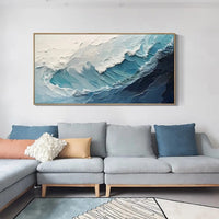 HKM-107091 Handmade Large Abstract Oil Painting of Blue and White Ocean Waves for Living Room Wall Decoration