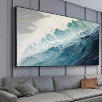 HKM-107091 Handmade Large Abstract Oil Painting of Blue and White Ocean Waves for Living Room Wall Decoration