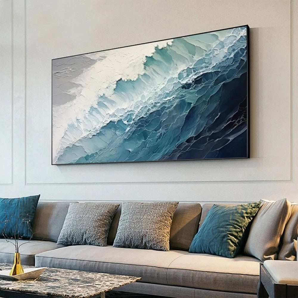 HKM-107091 Handmade Large Abstract Oil Painting of Blue and White Ocean Waves for Living Room Wall Decoration