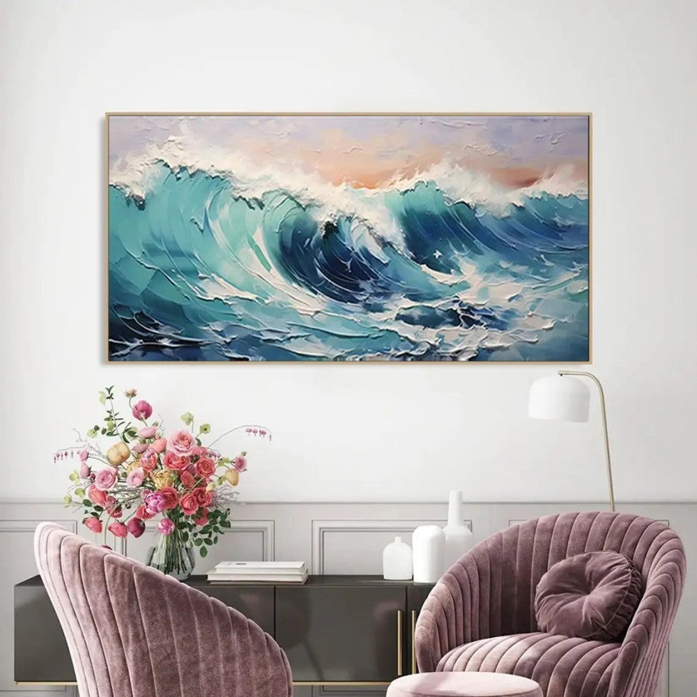 HKM-107091 Handmade Large Abstract Oil Painting of Blue and White Ocean Waves for Living Room Wall Decoration