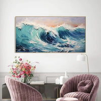 HKM-107091 Handmade Large Abstract Oil Painting of Blue and White Ocean Waves for Living Room Wall Decoration