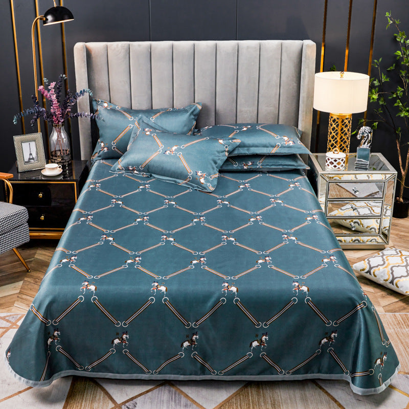 HKM-107475 Three-Piece Ice Silk Bed Mat Set with Pillowcases - Machine Washable, Fits Various Bed Sizes