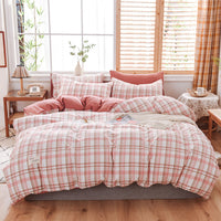 HKM-107475 Washable Cotton Plaid Bedding Set - Four-Piece with Quilt Cover, Pillowcases, and Sheet in Various Retro Patterns