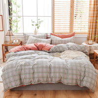 HKM-107475 Washable Cotton Plaid Bedding Set - Four-Piece with Quilt Cover, Pillowcases, and Sheet in Various Retro Patterns