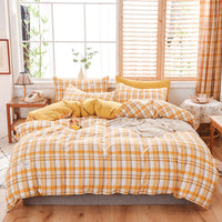 HKM-107475 Washable Cotton Plaid Bedding Set - Four-Piece with Quilt Cover, Pillowcases, and Sheet in Various Retro Patterns