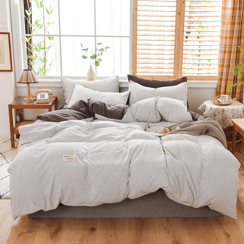 HKM-107475 Washable Cotton Plaid Bedding Set - Four-Piece with Quilt Cover, Pillowcases, and Sheet in Various Retro Patterns