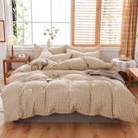 HKM-107475 Washable Cotton Plaid Bedding Set - Four-Piece with Quilt Cover, Pillowcases, and Sheet in Various Retro Patterns