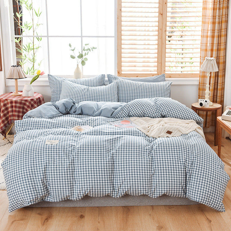HKM-107475 Washable Cotton Plaid Bedding Set - Four-Piece with Quilt Cover, Pillowcases, and Sheet in Various Retro Patterns