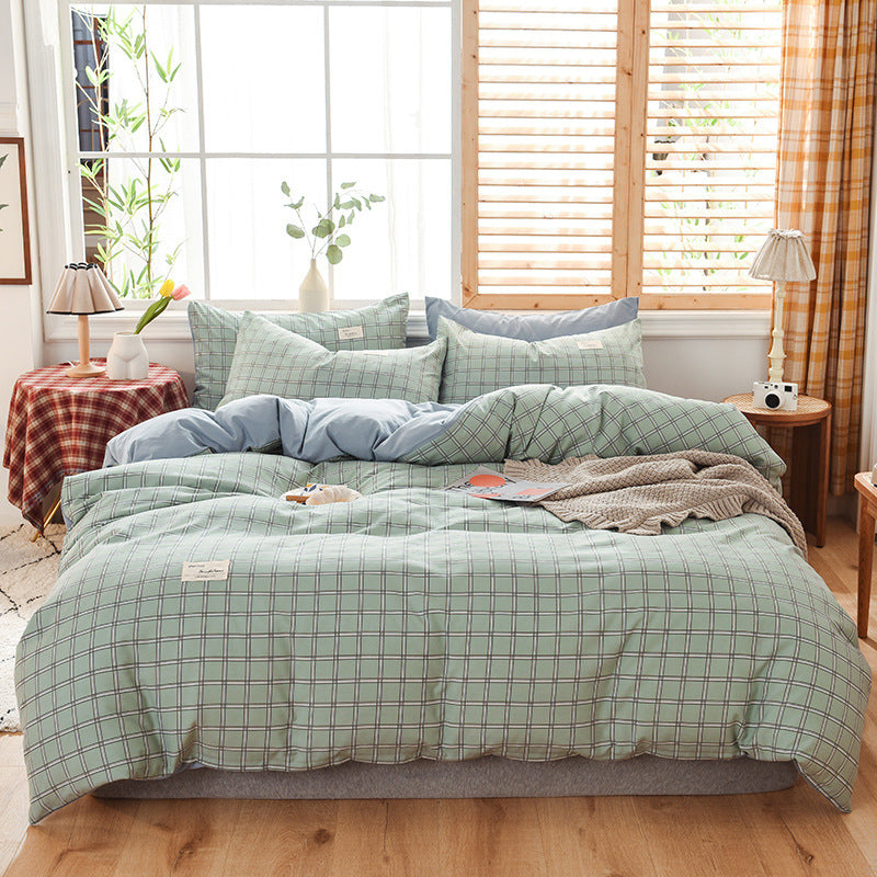 HKM-107475 Washable Cotton Plaid Bedding Set - Four-Piece with Quilt Cover, Pillowcases, and Sheet in Various Retro Patterns