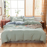 HKM-107475 Washable Cotton Plaid Bedding Set - Four-Piece with Quilt Cover, Pillowcases, and Sheet in Various Retro Patterns