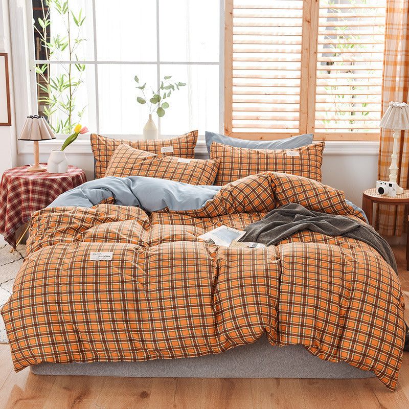 HKM-107475 Washable Cotton Plaid Bedding Set - Four-Piece with Quilt Cover, Pillowcases, and Sheet in Various Retro Patterns
