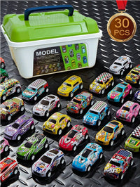 HKM-108115 30-Pack Alloy Mini Diecast Race Cars with Pull Back Function and Portable Storage Box