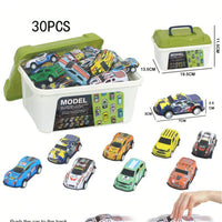 HKM-108115 30-Pack Alloy Mini Diecast Race Cars with Pull Back Function and Portable Storage Box