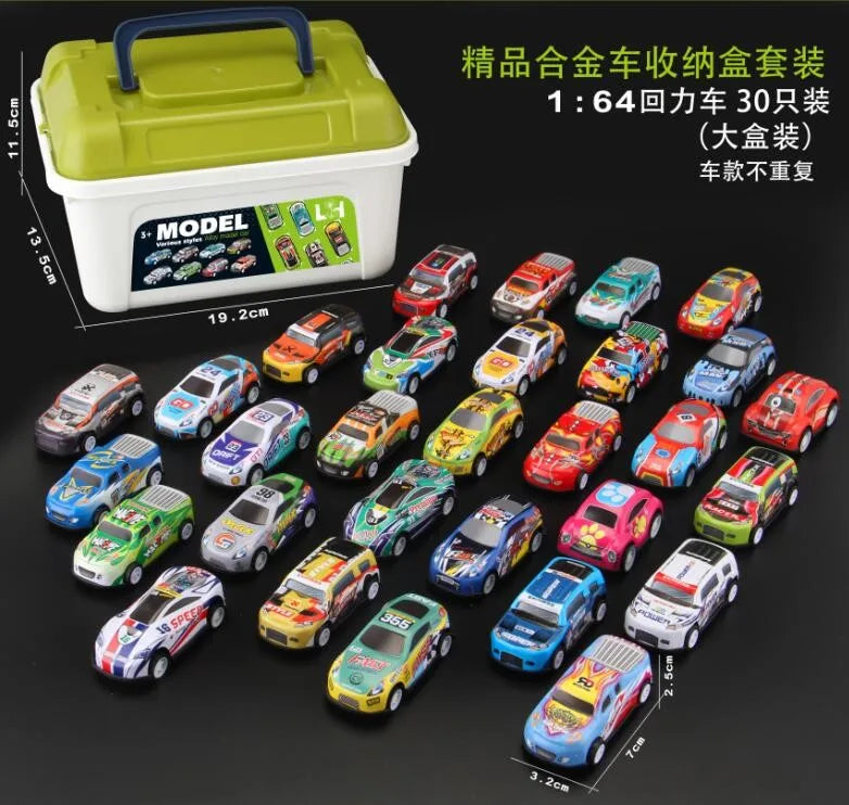 HKM-108115 30-Pack Alloy Mini Diecast Race Cars with Pull Back Function and Portable Storage Box