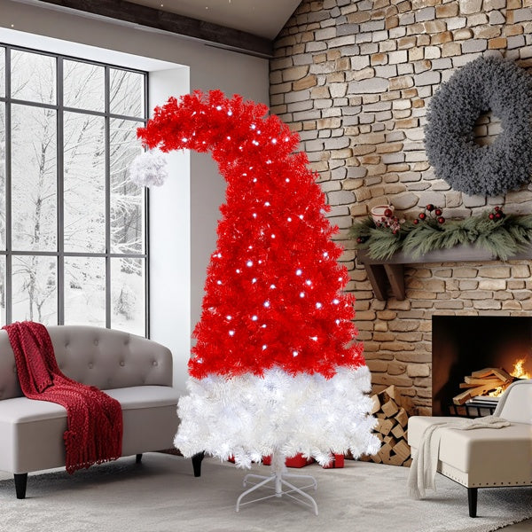 HKM-108115 6FT LED Lighted Whimsical Christmas Tree in Santa's Hat Shape with 1050 Branch Tips