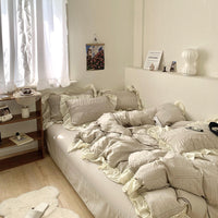 HKM-108627 Cream Seersucker Four-Piece Bedding Set with Pleated Design in Solid Color