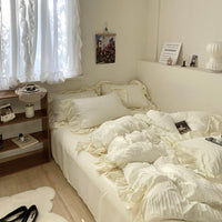 HKM-108627 Cream Seersucker Four-Piece Bedding Set with Pleated Design in Solid Color