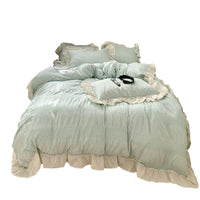 HKM-108627 Cream Seersucker Four-Piece Bedding Set with Pleated Design in Solid Color