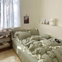 HKM-108627 Cream Seersucker Four-Piece Bedding Set with Pleated Design in Solid Color