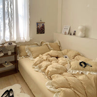 HKM-108627 Cream Seersucker Four-Piece Bedding Set with Pleated Design in Solid Color