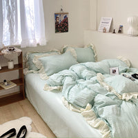 HKM-108627 Cream Seersucker Four-Piece Bedding Set with Pleated Design in Solid Color