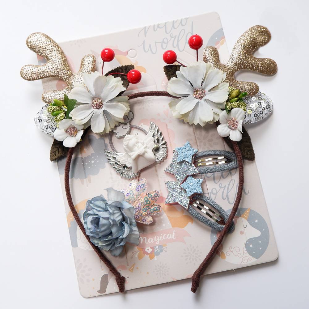 HKM-109075 Christmas Hair Accessory Set for Children - Pink, Ice and Snow Colors with Duckbill Clips and Hair Bands
