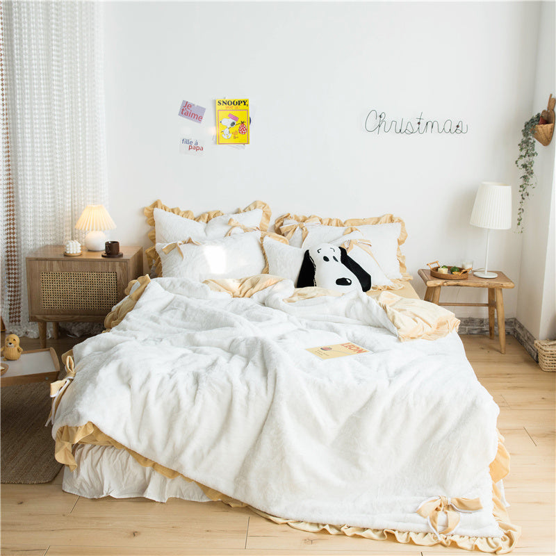 HKM-109267 Princess Style Solid Color Bed Sheet Set with Quilt Cover and Pillowcases - 4 Pieces