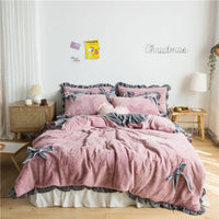 HKM-109267 Princess Style Solid Color Bed Sheet Set with Quilt Cover and Pillowcases - 4 Pieces