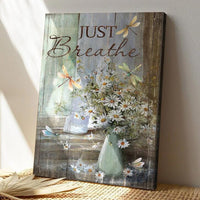 HKM-109459 Vintage Chrysanthemum Vase and Dragonfly Canvas Wall Art with Wooden Frame