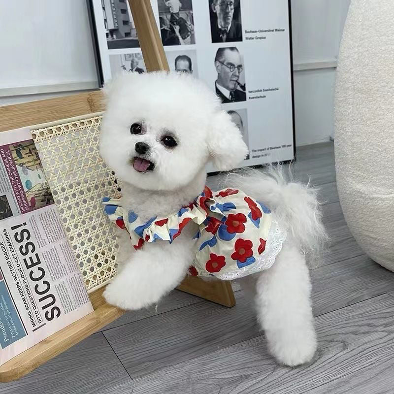 HKM-110035 Floral Mesh Dog and Cat Dress - Soft Cotton, Princess Style, Multiple Colors Available