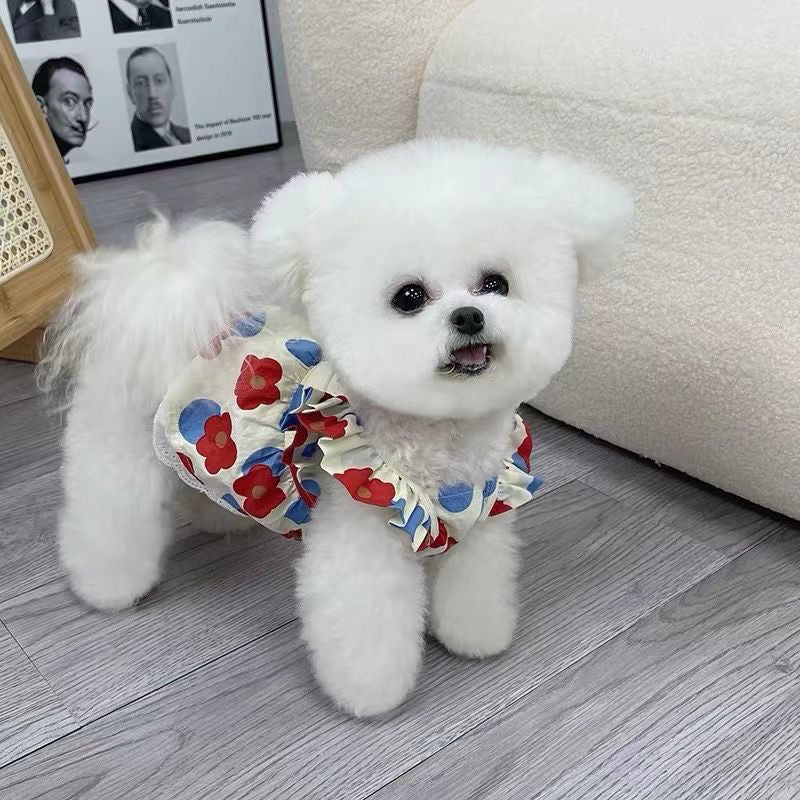 HKM-110035 Floral Mesh Dog and Cat Dress - Soft Cotton, Princess Style, Multiple Colors Available