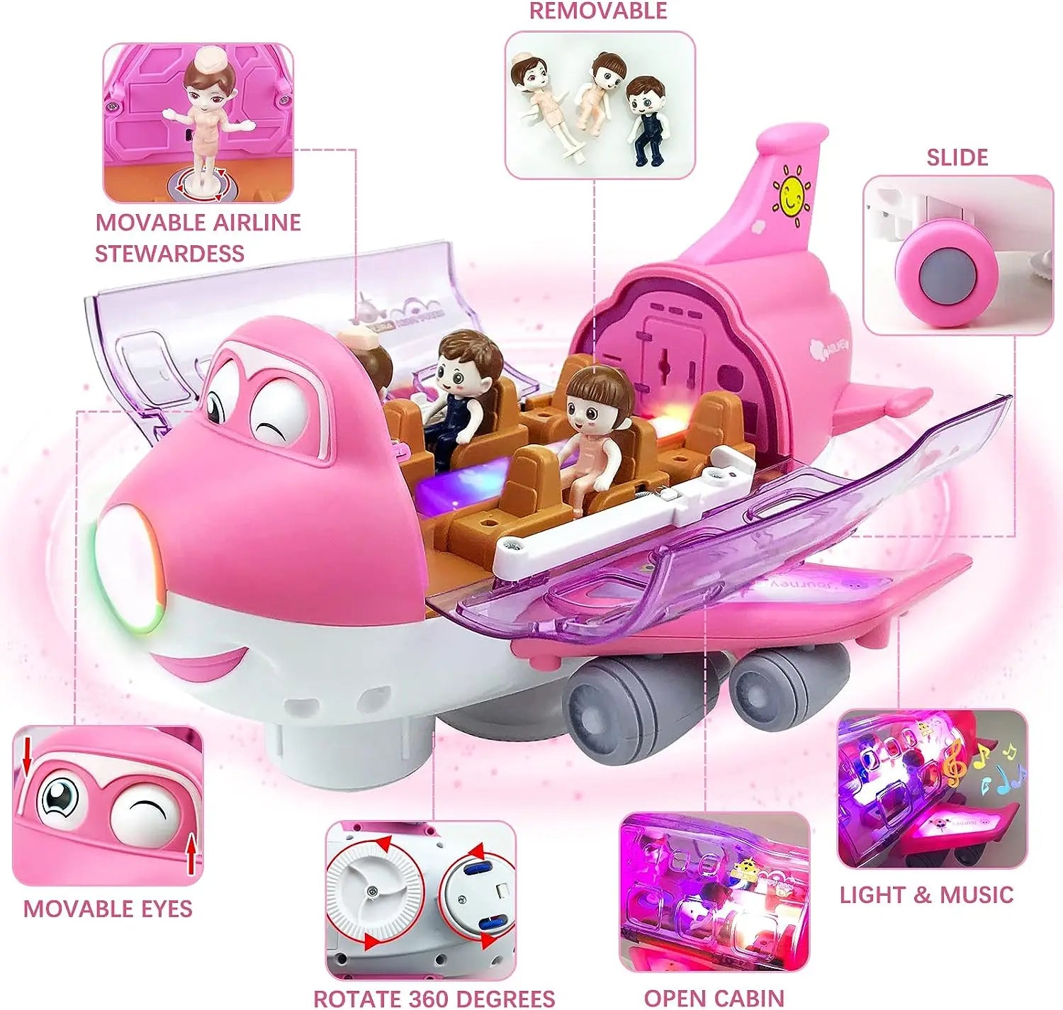 HKM-110419 Die-Cast Electric Toy Plane with LED Flashing Lights and Sounds for Kids, 360-Degree Rotating Aircraft, Unisex Ages 2-13