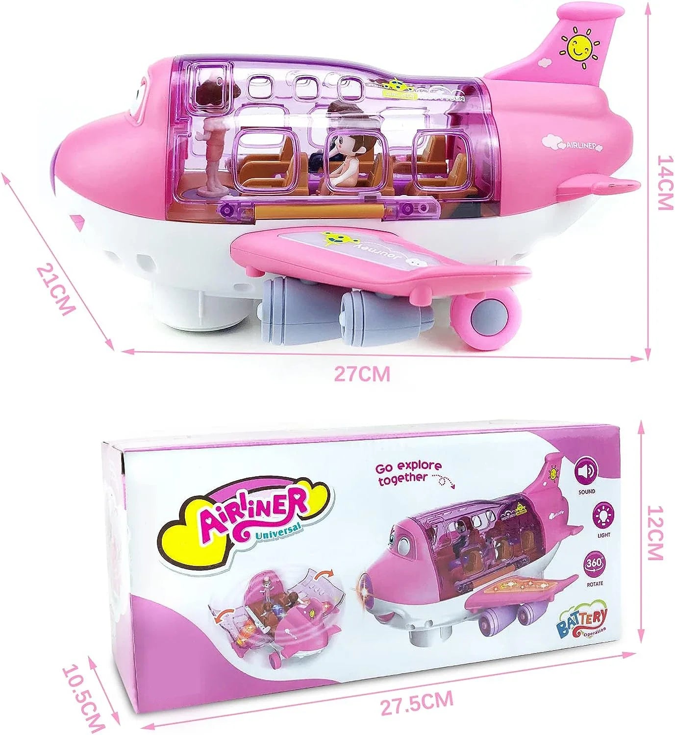 HKM-110419 Die-Cast Electric Toy Plane with LED Flashing Lights and Sounds for Kids, 360-Degree Rotating Aircraft, Unisex Ages 2-13