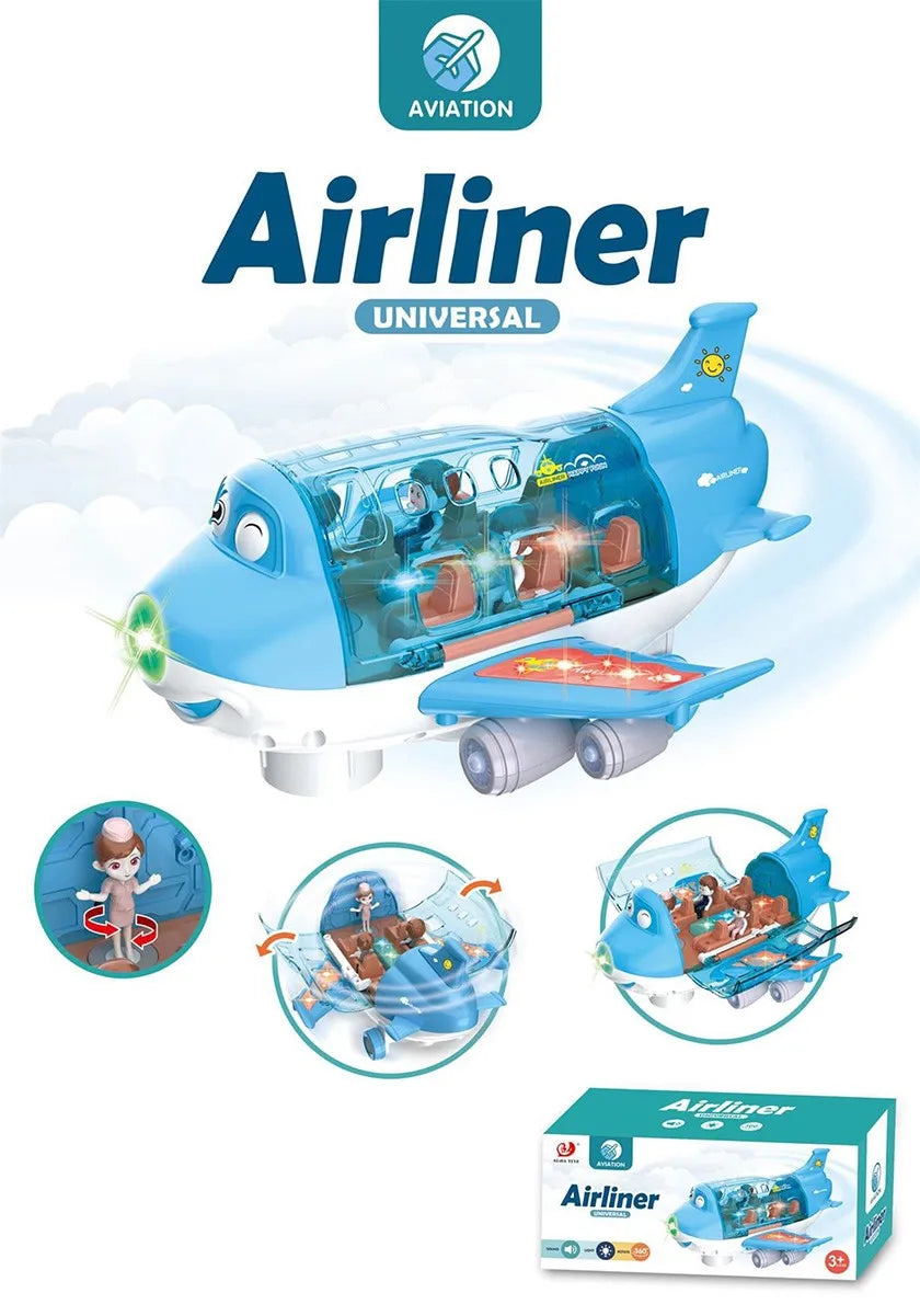 HKM-110419 Die-Cast Electric Toy Plane with LED Flashing Lights and Sounds for Kids, 360-Degree Rotating Aircraft, Unisex Ages 2-13