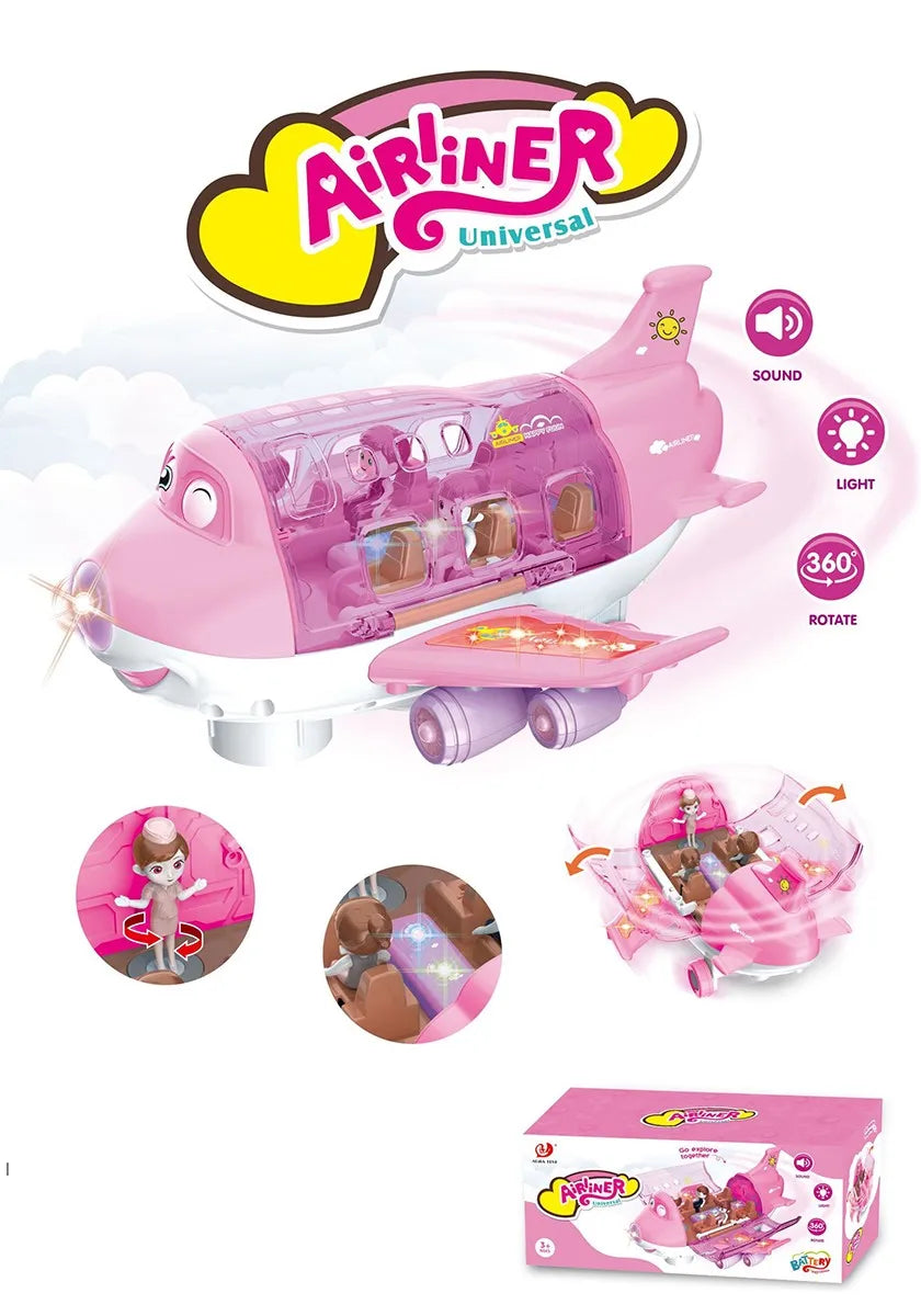 HKM-110419 Die-Cast Electric Toy Plane with LED Flashing Lights and Sounds for Kids, 360-Degree Rotating Aircraft, Unisex Ages 2-13
