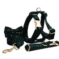 HKM-110803 Soft Velvet Dog Collar Set with Bow, Flower, Rope, Vest, and Poop Bag - Adjustable Sizes XS to XL