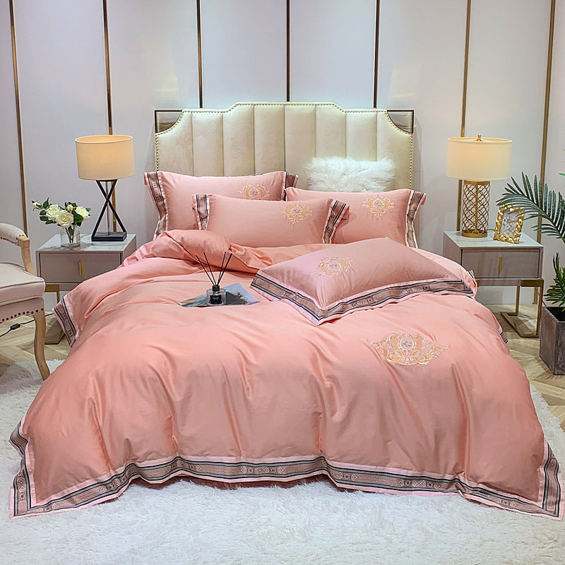 HKM-111443 Four-Piece Digitally Printed Cotton Embroidery Bedding Set with Wide Edges - Available in Various Colors