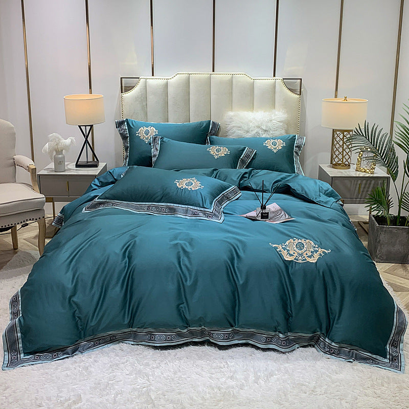 HKM-111443 Four-Piece Digitally Printed Cotton Embroidery Bedding Set with Wide Edges - Available in Various Colors