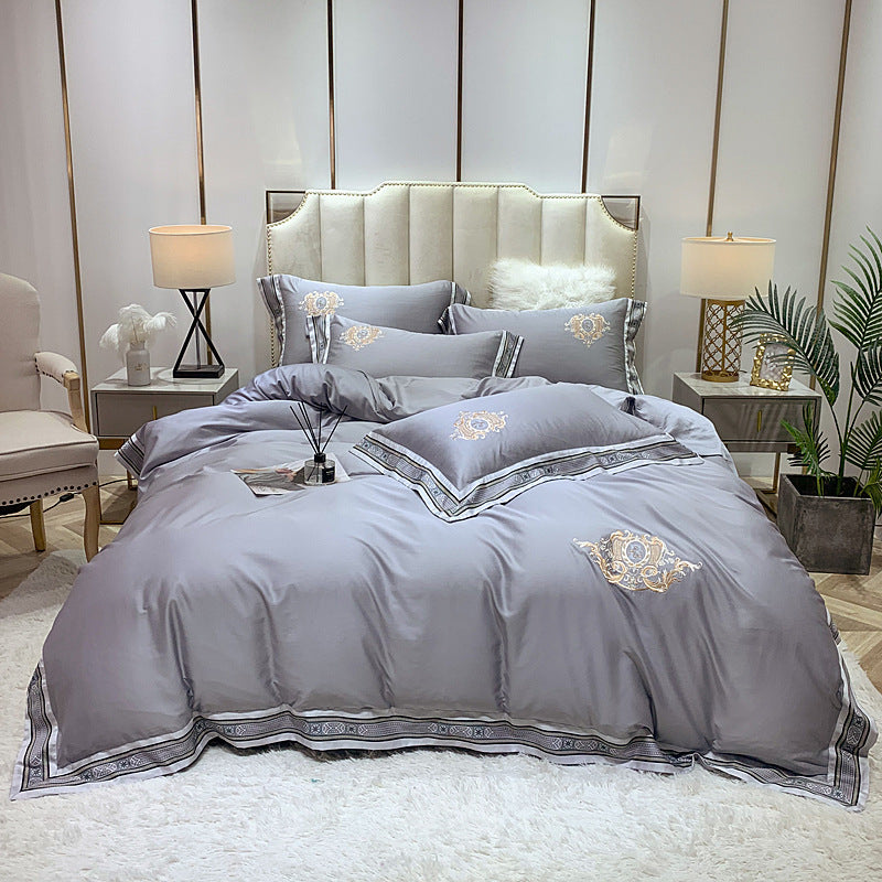HKM-111443 Four-Piece Digitally Printed Cotton Embroidery Bedding Set with Wide Edges - Available in Various Colors