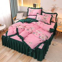 HKM-111763 Cotton 4-Piece Double Lace Bed Sheet Duvet Cover Set with Floral Pattern