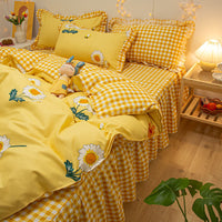 HKM-111763 Cotton 4-Piece Double Lace Bed Sheet Duvet Cover Set with Floral Pattern