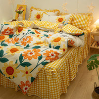 HKM-111763 Cotton 4-Piece Double Lace Bed Sheet Duvet Cover Set with Floral Pattern