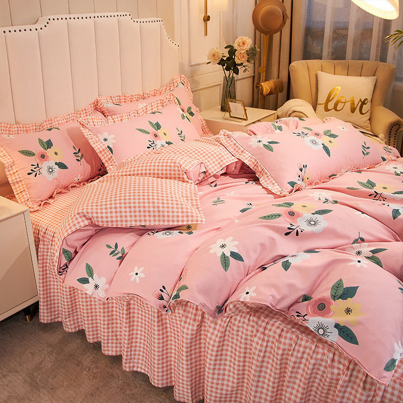 HKM-111763 Cotton 4-Piece Double Lace Bed Sheet Duvet Cover Set with Floral Pattern