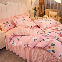 HKM-111763 Cotton 4-Piece Double Lace Bed Sheet Duvet Cover Set with Floral Pattern
